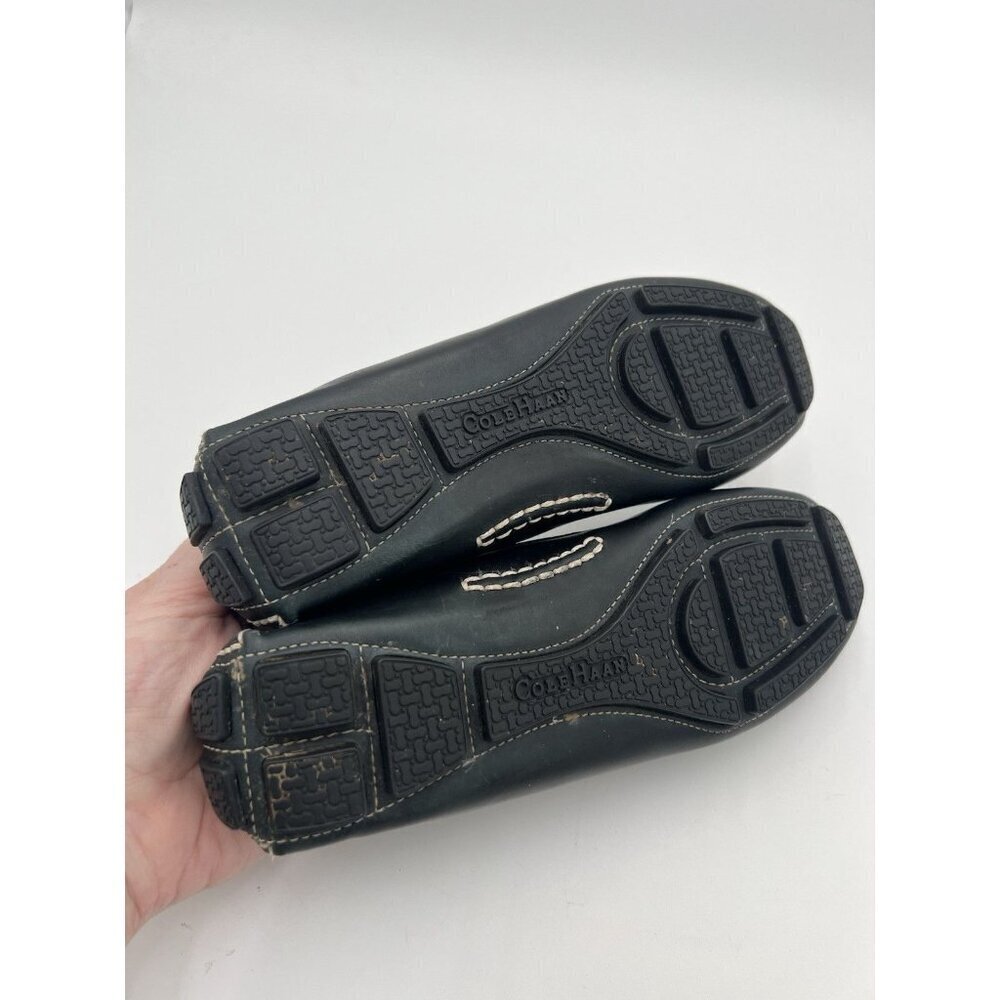 COLE HAAN Driving Shoes Loafers In Black Leather Cream Topstitch Size 8 AA EUC - Picture 8 of 13